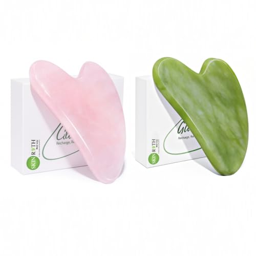 Image of Gua Sha Combo Set - Jade Stone and Rose Quartz Facial Massage Tools for Face and Body, Green and Pink Crystal Scrapers for Skincare Routine