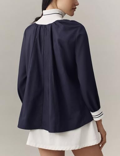 Women Half Zip Puff Sleeve Sporty Henley Blouse Dressy Casual Loose Fit Swing Tops Tunic Shirts3