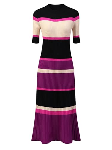 Hobemty Damen Gestreiftes Kleid Kurzarm Midi Strickkleid Gerippt Kleider, Knallpink (Hot Pink), Klein