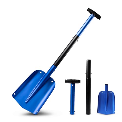 Image of EcoNour 32 inch Multipurpose Snow Shovel for Car Driveway Lightweight Aluminum | Shovel for Snow, Sand, and Garden Use | Heavy-Duty, Foldable 3-Piece Shovel for Car, Home, and Outdoors (Blue)