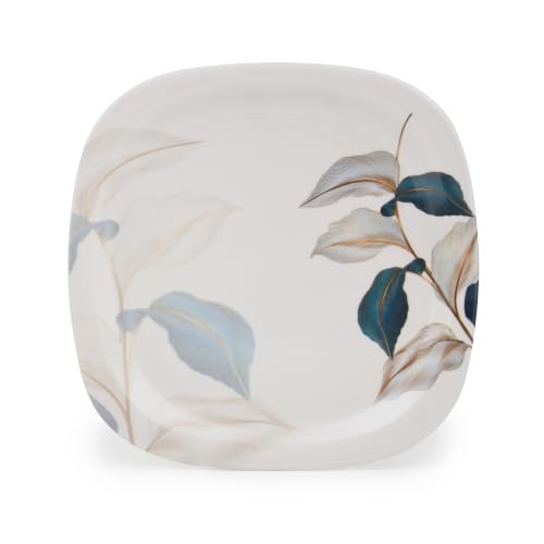 Image of Golden Fish Melamine Square Dinner Set of 18 (6 Plates + 6 Veg Bowls + 6 Half Plates) | Blue-Grey Botanical Leaf Print | Unbreakable, Dishwasher & Microwave Safe