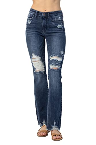 Judy Blue Midrise Contrast Destroyed Slim Boycut Unhemmed Jeans, 82426