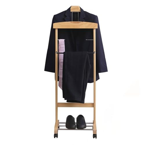 Soporte de madera para traje con colgador de contorno, barra para pantalones y barras de corbata, perchero independiente para sala de estar, entrada, dormitorio y oficina, color madera original