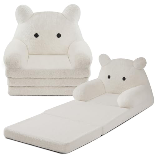 Tsinglax Foldable Kids Sofa, Sherpa Teddy Bear Toddler Couch with Tri Folding Foam Cushions, Kids Couch Sofa for 1 2 3+ Year Old Girls Boys Birthday Gift, fit for Playroom, Nursery, or Living Room
