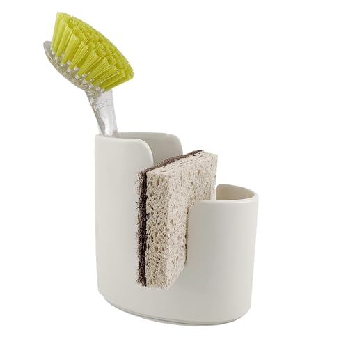 Kitchen Sink Caddy Dish Sponge Holder and Scrub Brush Dish Wand Holder Ceramic White Farmhouse Modern