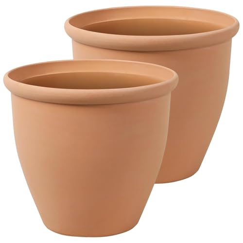 Worth 2 Pack 15" Round Planters, Large Plastic Plant Pots with Drainage Hole, Lightweight Decorative Flower Tree Containers for Indoor or Outdoor Use
