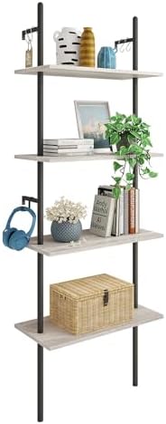 Bestier 65″ Ladder Shelf Wall Mounted Industrial 4 Tier Bookshelf Plant Flower Shelf with Round Metal Tube 2 Hooks for Wall Storage Display in Home Office,Kitchen,Bathroom,Gray