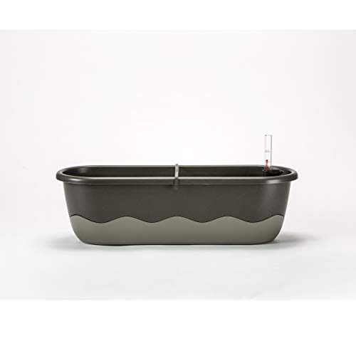 Jardinera para balcón Mareta con indicador de nivel de agua, incluye ganchos para el balcón (60 cm), color gris oscuro y claro