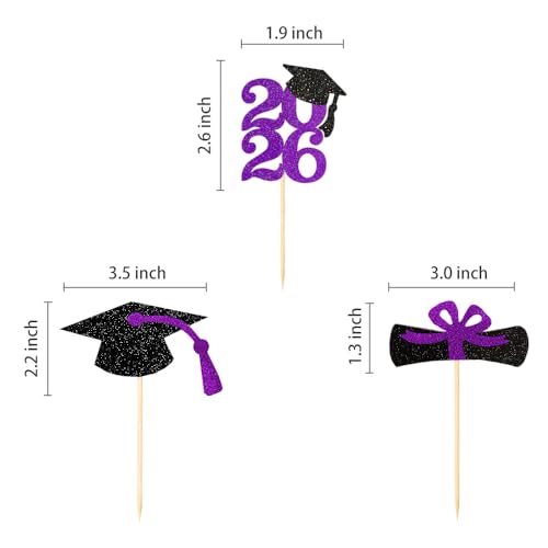 Image of Class of 2026 Glitter Graduation Cupcake Topper, Food /Appetizer Picks for Graduation Party (Purple)