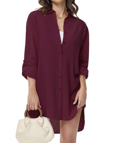 Tanmolo Damen Bluse V-Ausschnitt Hemdbluse Langarm Lässiges Hemd zum Knöpfen Langarmshirt Casual Oberteile Aufrollen Tops (Weinrot,L)