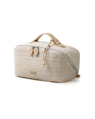 Image of EACHY Makeup Bag, Woven Travel Toiletry Bag, Portable 180 Wide-Open Flat Cosmetic Bags for Women, Large Capacity Makeup Pouch with Divider and Handle