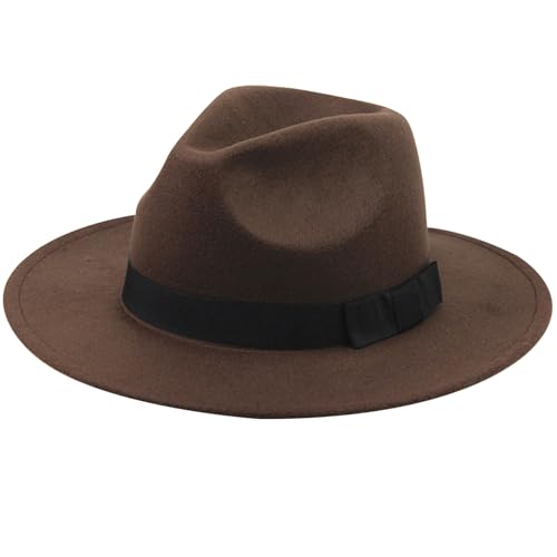 Wedhapy Fedora-Hut aus Wollfilz mit breiter Krempe, Panama-Mütze, Panama-Hut für Herren, Vintage-Stil, Filzhut mit breiter Krempe, braune Outbacks-Hüte, Einheitsgröße für Männer und Frauen, Outfit