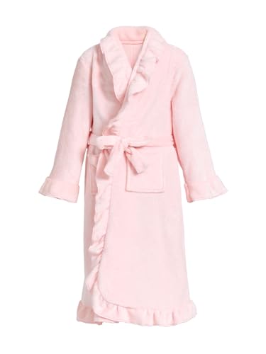 JiAmy Peignoir en flanelle à volants pour enfants Robe de bain pour enfants Robe de chambre douce pour filles en polaire avec ceinture et poches, rose, 4-6 ans