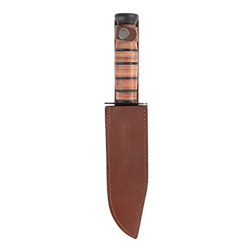 Sheffield Faca de lâmina fixa militar 12693, faca de pino completo de 18 cm, cabo de couro empilhado