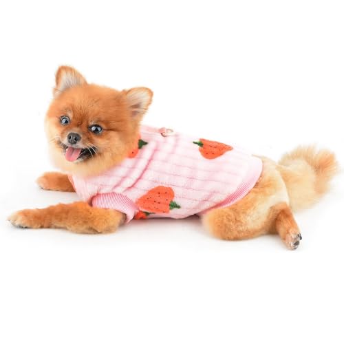 SMALLLEE_LUCKY_STORE Hunde-Fleecepullover für kleine Hunde und Katzen, Haustierpullover mit Erdbeerdruck und D-Ring, Welpenweste, Yorkie, Chihuahua, warme Kleidung, Winter Herbst Bekleidung, Rosa, S