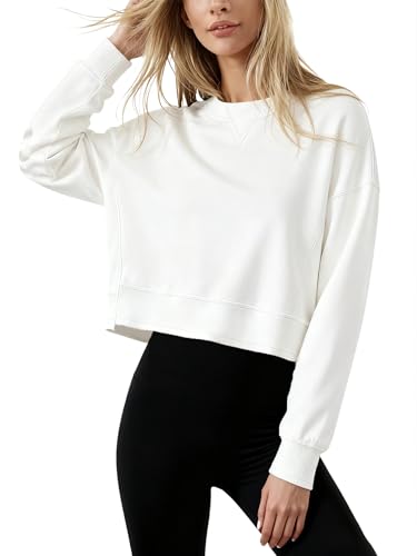 Dressmine Ladies Yoga Tops Oversized Workout Jumpers White Long Sleeve Cropped Sweatshirts Loose Fit Winter Outfits Size 20