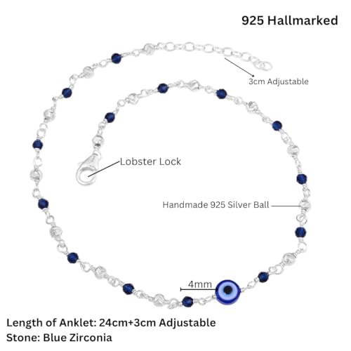 Image of OVANA 925 Sterling Silver Evil Eye Anklet for Women & Girls | Hallmarked 92.5 Pure Silver | Swarovski Evil Eye Bead | Adjustable Chain | Hypoallergenic | Gift for Birthday, Anniversary & Festivals