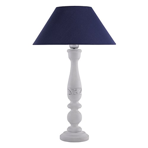 Image of Homesake Handcrafted Wooden Table Lamp for Bedroom & Living Room | Decorative Bedside Reading Lamp with Fabric Shade, E27 Holder | Bulb Included | White Floral Carved Base for Home Decor, Blue