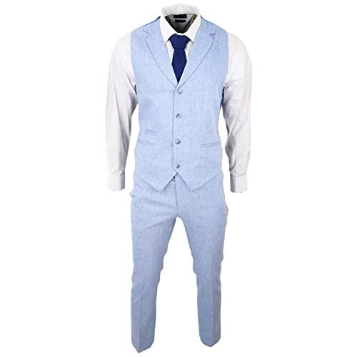 Traje de verano para hombre, chaleco de lino, elegante, formal, color azul, azul claro, 36