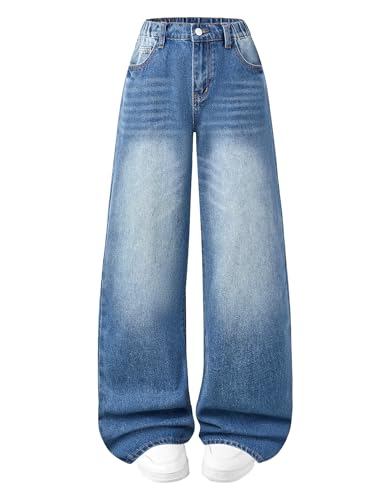 Fulihug Jeans for Girls Baggy Wide Leg Cute Bow High Elastic Waisted Denim Pants Y2K Boyfriend Skater Streetwear 7-14Y