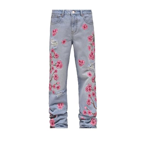 Ripped Stacked Jeans for Men Floral Embroidery Skinny Bootcut Jeans Stretch Slim Fit Straight Leg Denim Pants