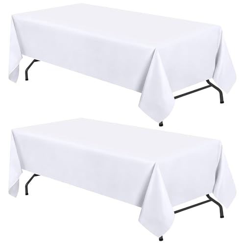 WEALUXE White Table Cloths for 8 Foot Rectangle Tables, 2-Pack, 60x126 inches, Water, Stain and Wrinkle Resistant, 200 GSM Washable Poly Fabric Tablecloths Rectangular, Elegant and Durable
