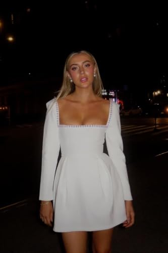 Simple Wedding Dresses 2025 Short Long Sleeves Satin Formal Party Dresses Beaded Mini Bridal Shower Dresses US2 White - Thumbnail 6