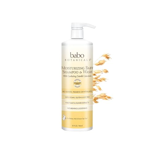 Babo Botanicals Moisturizing Baby 2-in-1 Shampoo & Wash with Oatmilk and Calendula, Organic, Hypoallergenic, Vegan, Yellow, 32 Fl Oz (Family size)