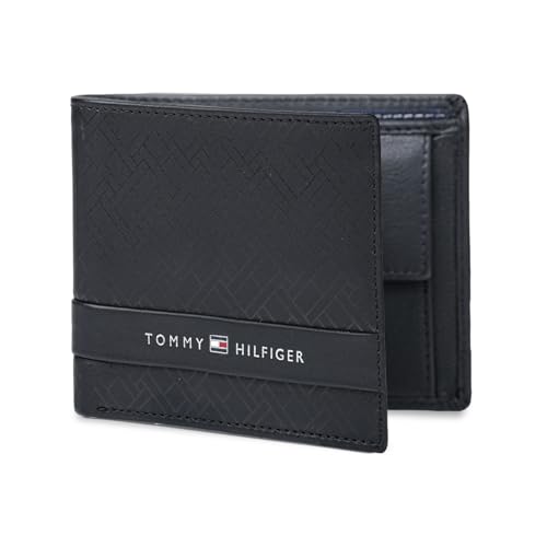 Image of Tommy Hilfiger Men's Leather Wallet Berkane | Printed Black Bi-Fold with Global Coin Pocket, 4 Card Slots | Stylish Purse for Gents