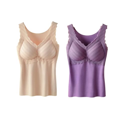 HERIFAM Thermisch Damesonderhemd 2 Stuks Dames Thermische Tops Mouwloos, Ingebouwde Gevoerde Bh V Hals Comfort Dralon Tanktop Winter Camisole Dames Basislagen Huidskleur, Paars Xxs
