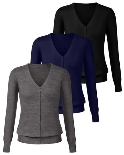 Ficerd 3 Pack Women's Cardigan Sweater V Neck Knit Lightweight Cardigans Long Sleeve Button Casual Tops2