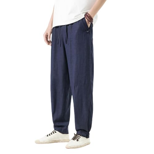 Pantalon décontracté coton lin homme fluide coupe droite rétro