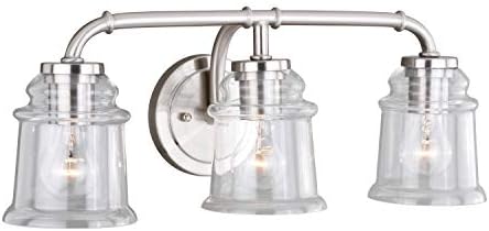 VAXCEL Toledo 3-Light 22 inch Wide Satin Nickel Industrial Bathroom Vanity Lighting Fixture, Clear Glass Shade, Dimmable, LED Compatible, Over The Mirror Mounted Steel Wall Sconce