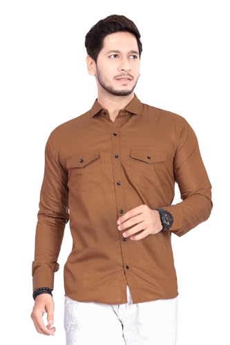 Image of Men's Cotton Spread Collar Full Sleeve Regular Fit Solid Casual Shirt with Double Pockets - Stylish Comfortable Shirt for Everyday Wear