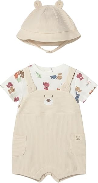 Mayoral Completo neonato 1-2 mesi cm 60 con finta salopette beige con orsetto e cappellino abbinato