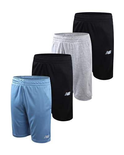 New Balance Boys Athletic Shorts - 4 Pack Moisture-Wicking Performance Mesh Shorts for Boys for Running and Sports (4-20), Size 8, Stone/Blue Laguna