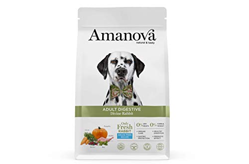 Amanova Cibo Secco Super Premium per cani adulti con stomaco sensibile Gusto coniglio - 100% Naturale, ipoallergenico e monoproteico - Grain Free - Cruelty Free - Formato da 10 kg
