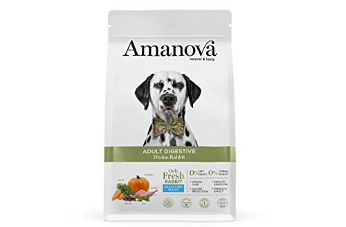 Amanova Cibo Secco Super Premium per Cani Adulti con Stomaco sensibile Gusto Coniglio - 100% Naturale, ipoallergenico e monoproteico - Grain Free - Cruelty Free - Formato da 10 kg