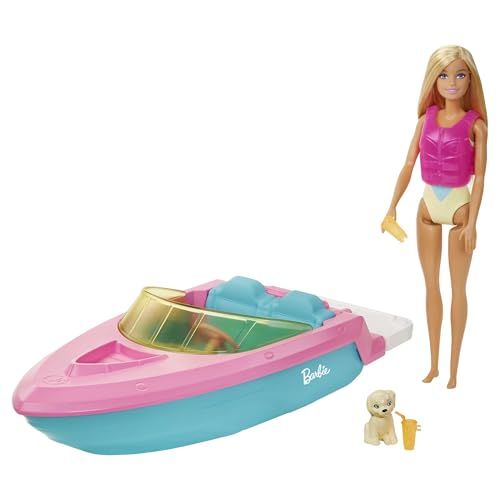 Barbie Mobilier Bateau pouvant Transporter 3 poupées avec Gilet de Sauvetage, Figurine Chiot, 2 Verres et Une poupée Incluse, Jouet pour Enfant, GRG30
