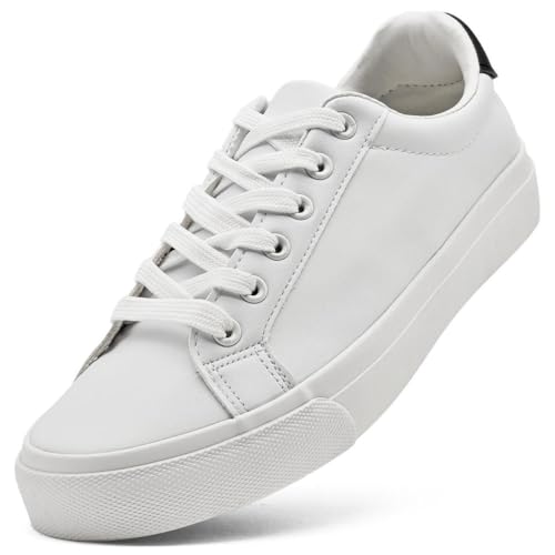 Kids PU Leather Sneakers Boys Girls Low Top White Shoes Unisex-Child Lace Up Tennis Shoes for Little Kid Big Kid