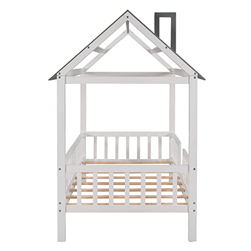 Homsof Twin House Beds Wood Bed Frame Kids Platform Bed With Pine Wood Roof, Fence-Shaped Guardrails, Cabin Bed For Children Kids, Teens, White|Grey, Twin #TOP4
