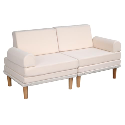 IKIFLY ソファベッド 2人掛け フロアソファ 6WAY 低い座椅子 折りたたみソファ ローソファ 肘つき 省スペース 取り外し可能な脚付き 多機能 こたつ用 リビング 寝る 一人用 コンパクト クッション付き ふわふわ リクライニング 1人掛け 組立て簡単 1人暮らし(幅150x奥行68x高さ53-71cm, ベージュ)