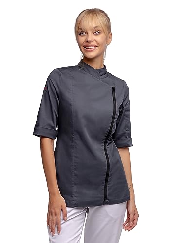 strongAnt Chef Coat for Women 3/4 Short Sleeves Stretch Slim Fit Zipper Cooking Uniform Chef Jacket - Grey L