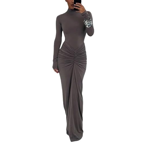 Image of Women's Sexy Turtleneck Long Sleeve Maxi Dress Elegant Ruched Bodycon Long Dress Casual Party Dresses
