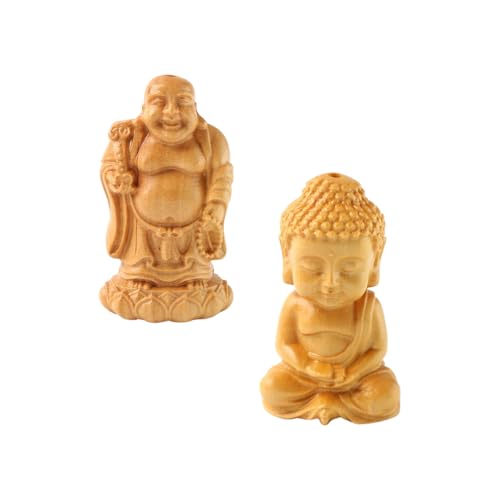Estatua de Buda pequeña de madera tallada, 2 piezas miniatura 1