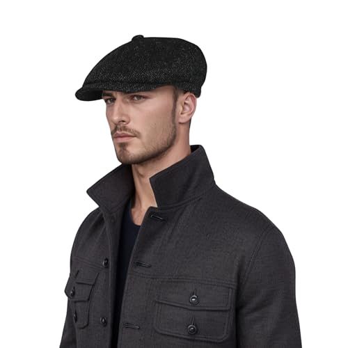 Newsboy Caps for Men and Women - 100% Scottish Wool Mens Flat Cap - Fashionable & Long-Lasting - Perfect for Winter Season (US, Alpha, Medium, Standard, Mystery Black)