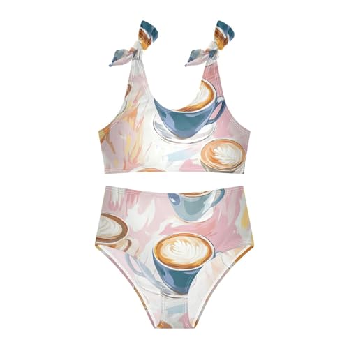 Coffee Cups Girl 2 Piece Kids Bikini Set Scoop Neck Swimsuits Swimwear Cute Shoulder Strap3