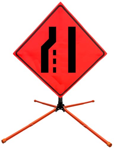 Image of OrangeGear 36 inchx36 inch Transition Right Symbol Mesh Sign & Steel Spring Stand | MUTCD TTC compliant orange mesh roll-up sign kit with fiberglass cross ribs and single-spring steel stand.