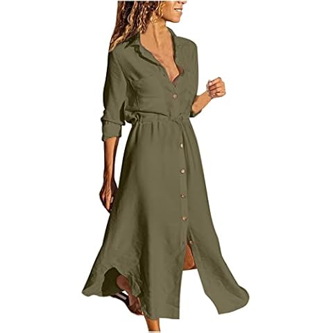 Langarmkleider Damen Elegant Einfarbige V-Ausschnitt Freizeitkleider Große Größe Langarm Kleid Cover