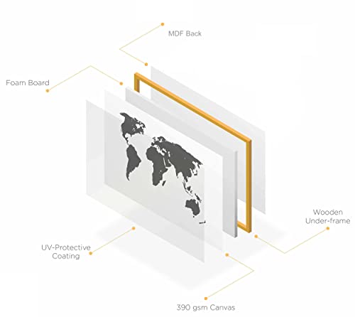 Hipsters Push Pin World Travel Map - Wall Art for Travel Tracking | Framed Canvas World Map with Push Pins (120 x 80 cm). Detailed Political Globe Map Modern Design for Home Office Gifts (Retro, Off White)